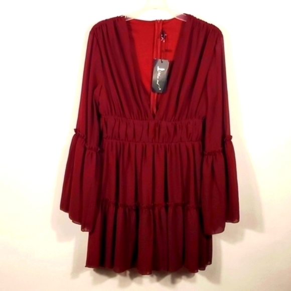 Plunging Neck Frill Maroon Ruffle Hem Chiffon Dress Size Medium NWTG - Picture 9 of 15